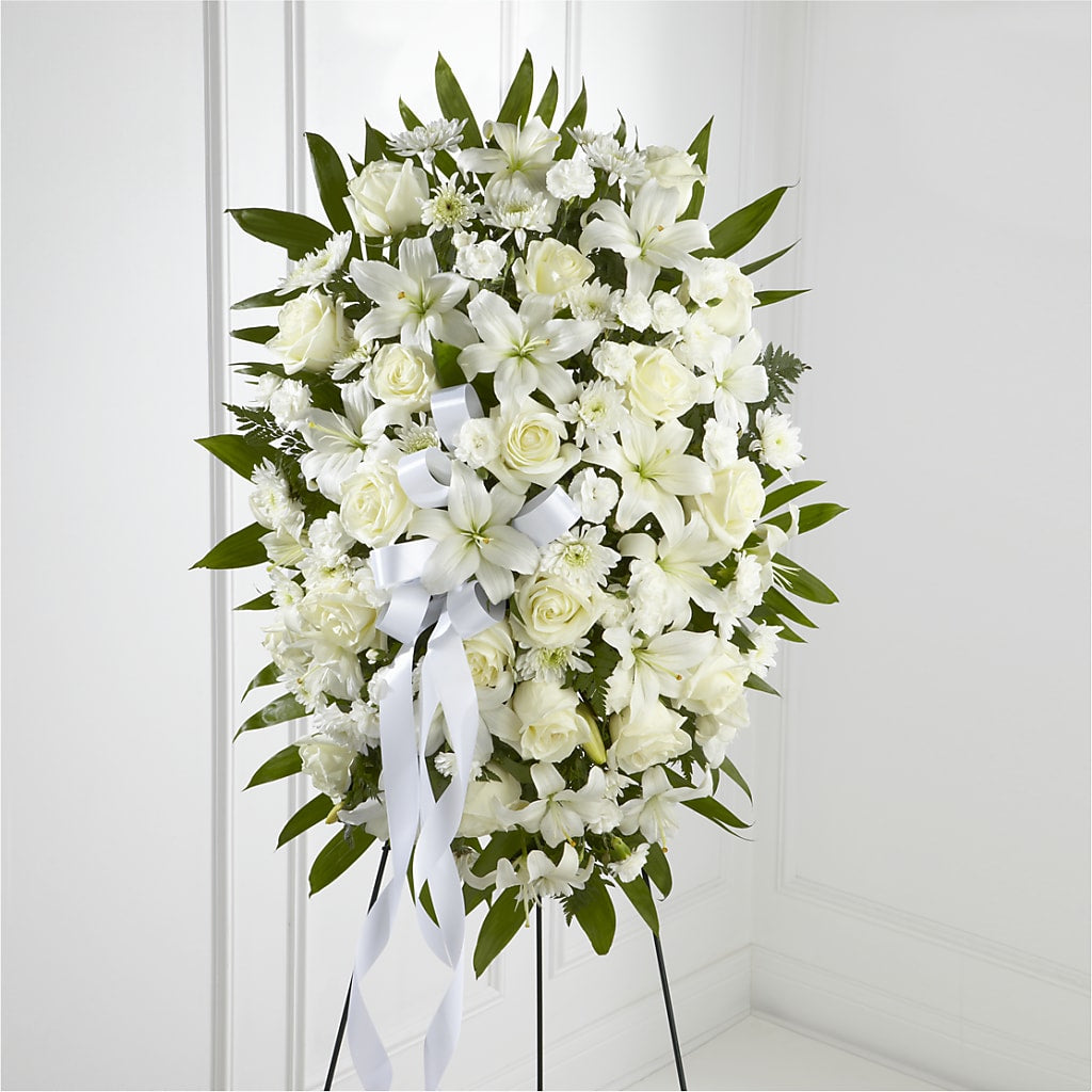 Exquisite Tribute Standing Spray-White Ribbon – Homestead Flower Company Inc, Homestead FL