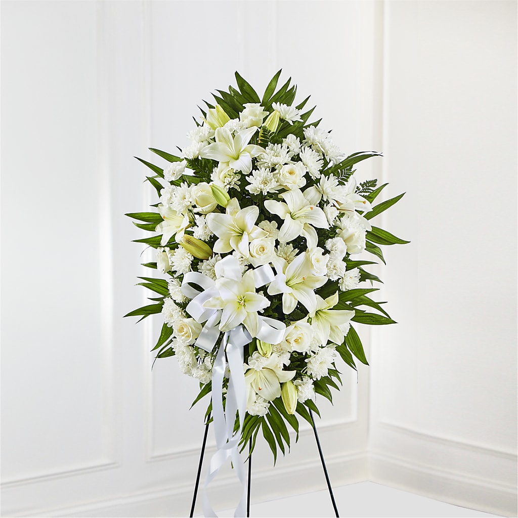 Exquisite Tribute Standing Spray-White Ribbon – Homestead Flower Company Inc, Homestead FL
