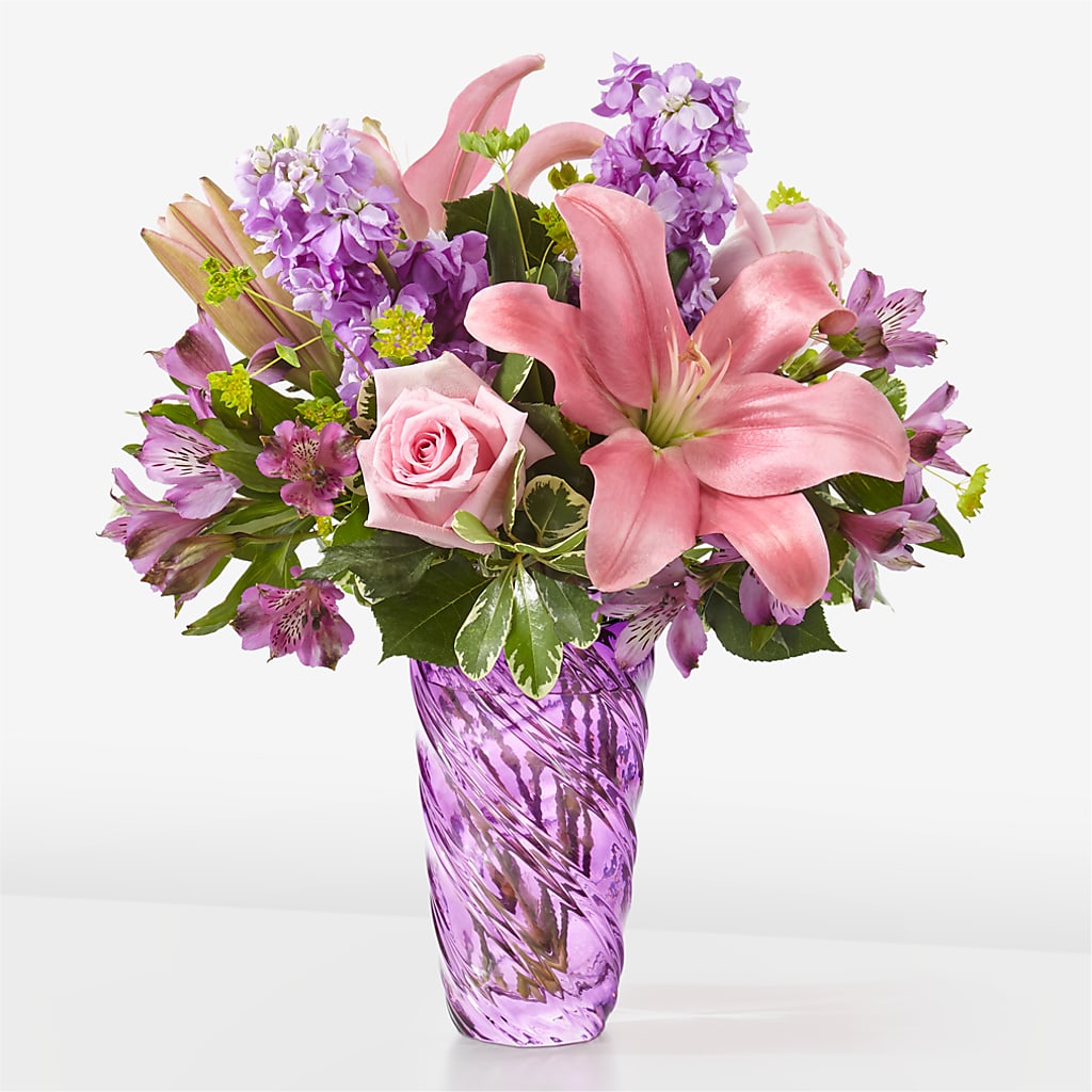Precious Petals Bouquet with Luxe Swirl Vase – Homestead Flower Company Inc, Homestead FL